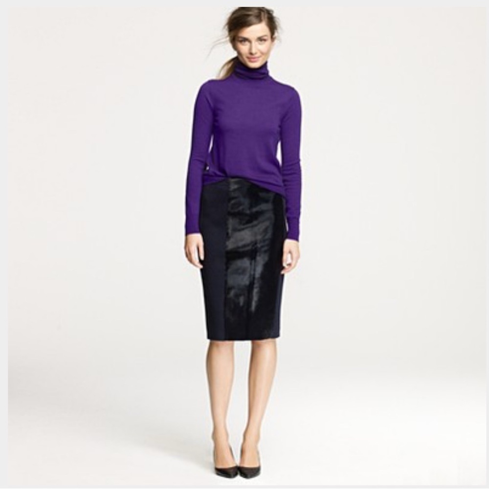 J. Crew pencil skirt in navy with calf hair front and back panel